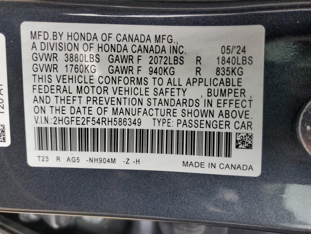 2024 HONDA CIVIC SPORT VIN:2HGFE2F54RH586349