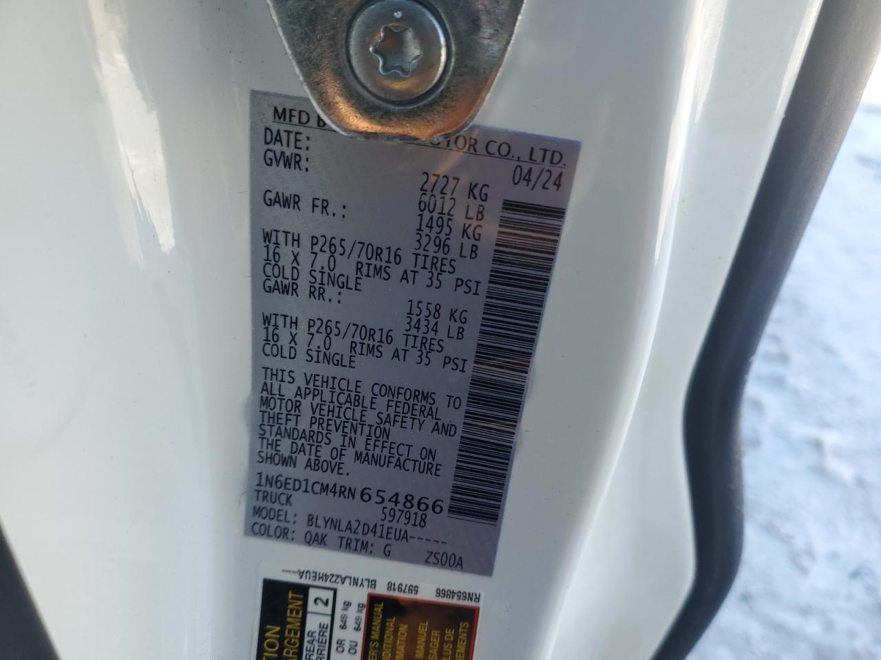 2024 NISSAN FRONTIER S VIN:1N6ED1CM4RN654866