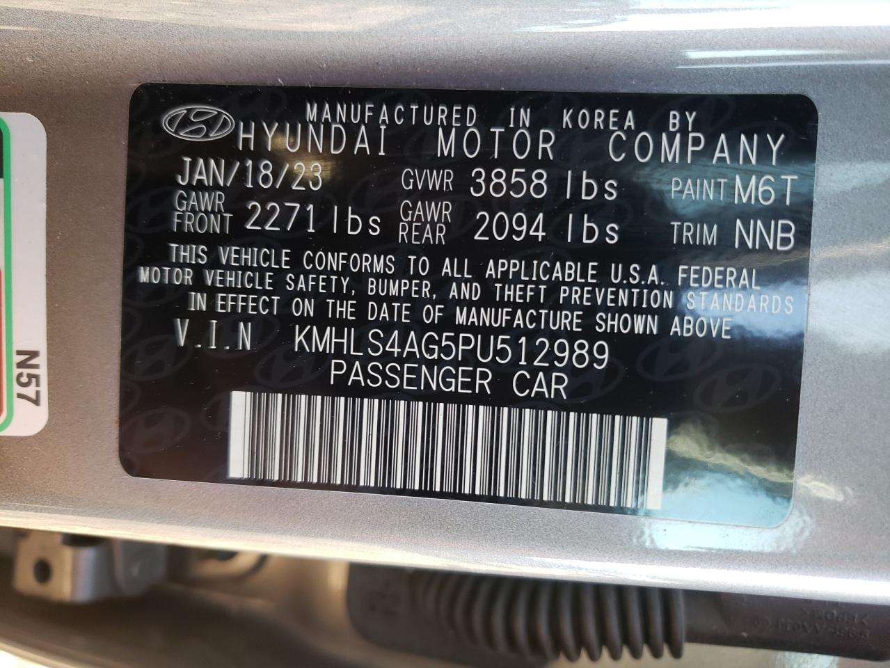 2023 HYUNDAI ELANTRA SEL VIN:KMHLS4AG5PU512989