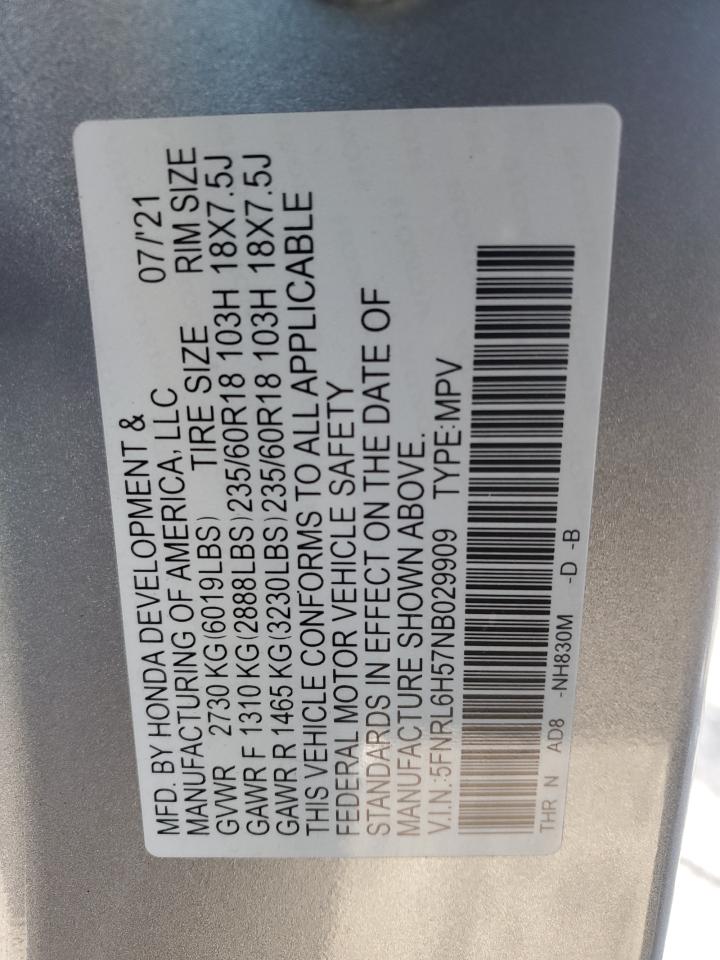 2022 HONDA ODYSSEY EX VIN:5FNRL6H57NB029909