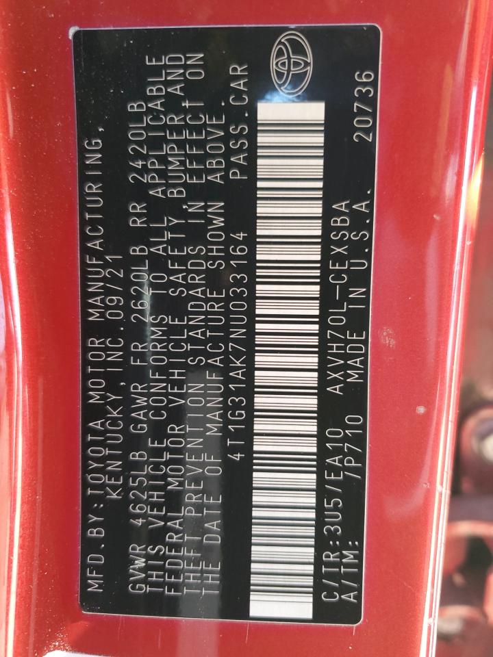 2022 TOYOTA CAMRY NIGHT SHADE VIN:4T1G31AK7NU033164