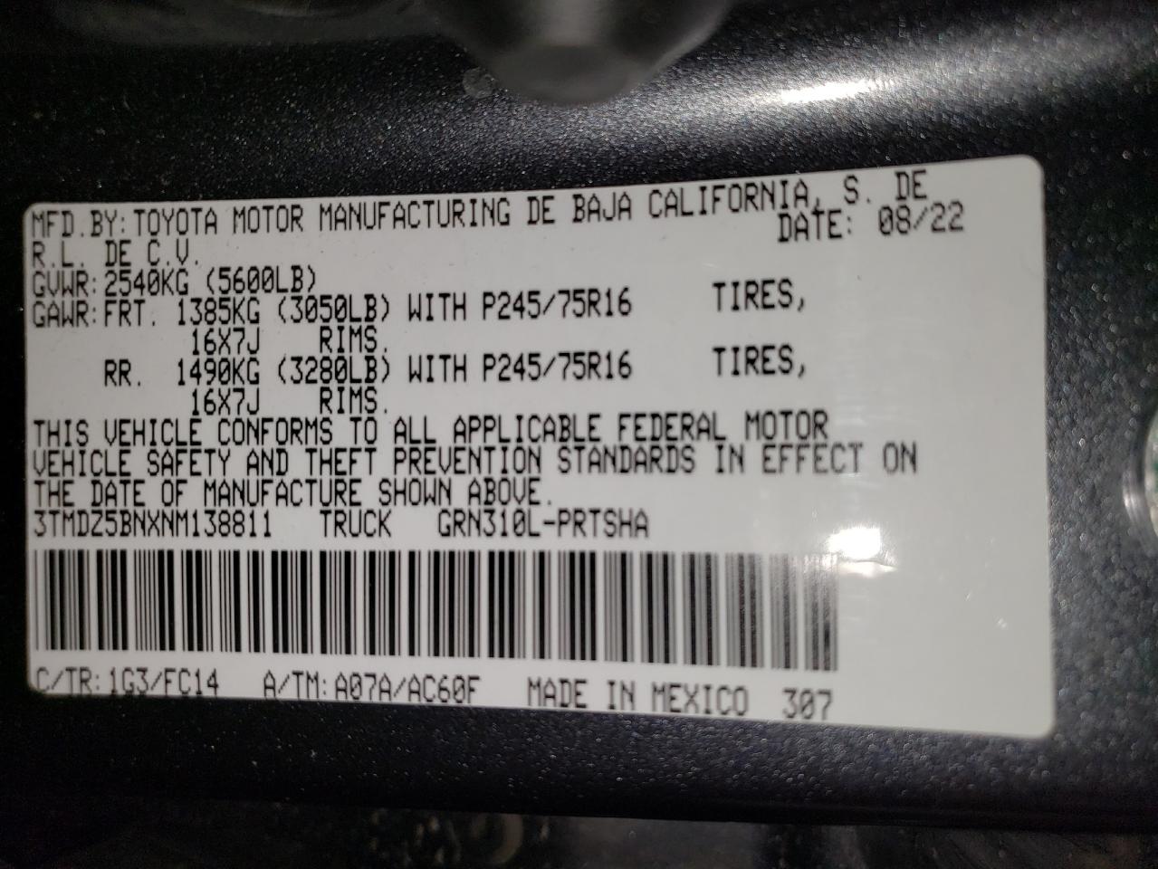 2022 TOYOTA TACOMA DOUBLE CAB VIN:3TMDZ5BNXNM138811