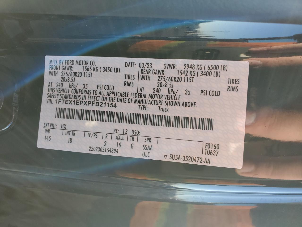 2023 FORD F150 SUPER CAB VIN:1FTEX1EPXPFB21154