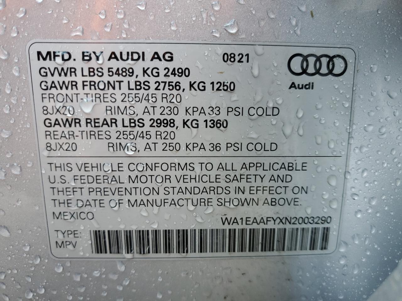 2022 AUDI Q5 PREMIUM PLUS 45 VIN:WA1EAAFYXN2003290