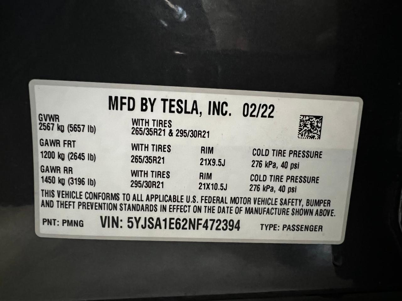 2022 TESLA MODEL S  VIN:5YJSA1E62NF472394