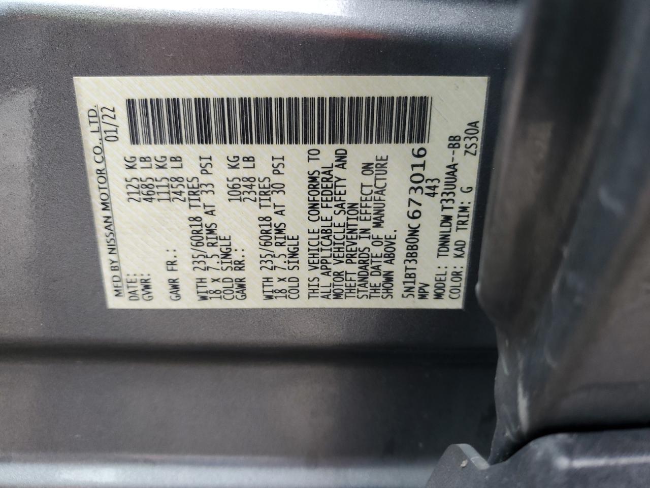 2022 NISSAN ROGUE SV VIN:5N1BT3BB0NC673016