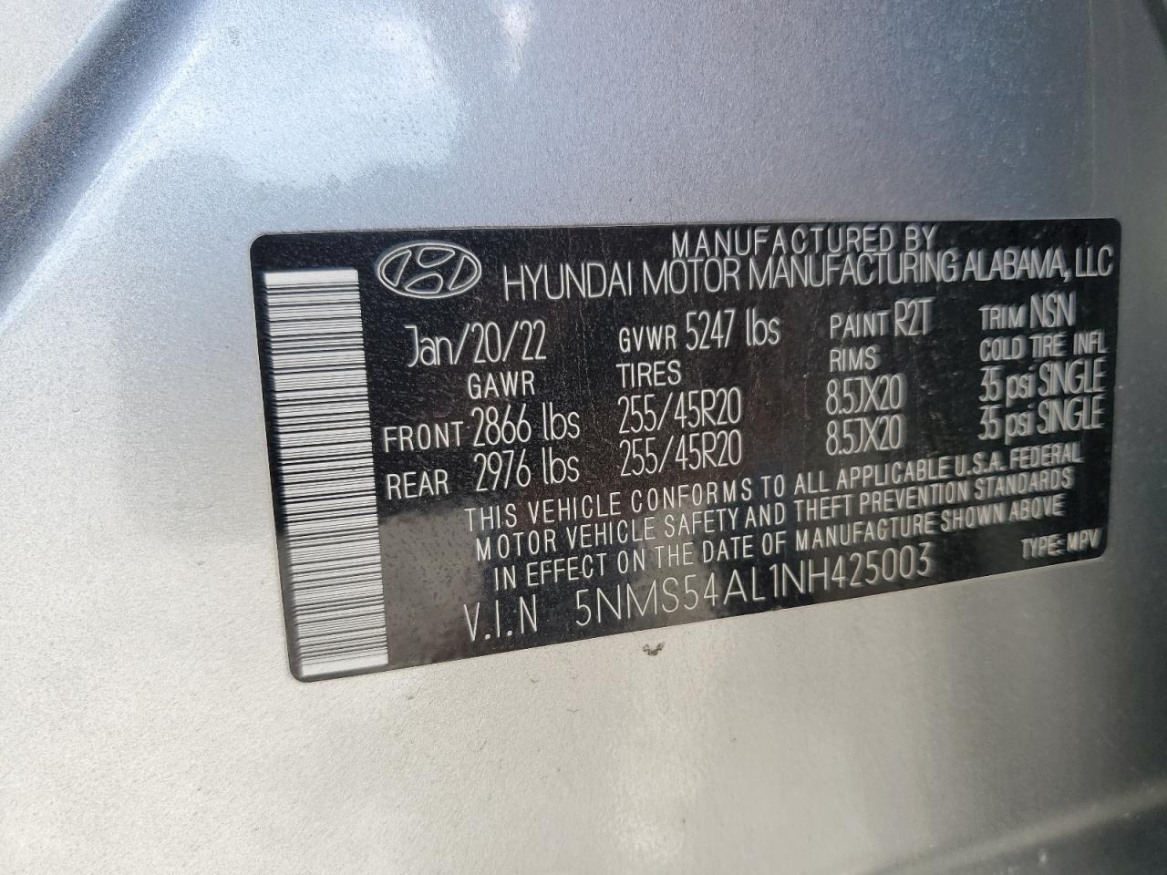 2022 HYUNDAI SANTA FE CALLIGRAPHY VIN:5NMS54AL1NH425003