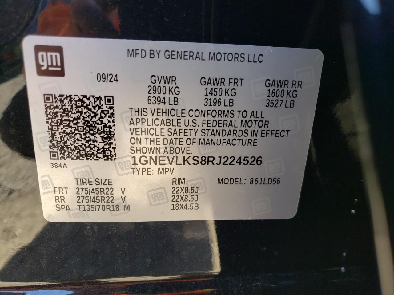 2024 CHEVROLET TRAVERSE RS VIN:1GNEVLKS8RJ224526