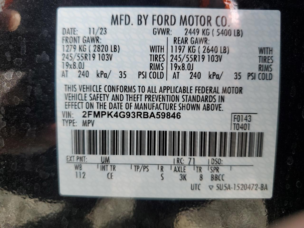 2024 FORD EDGE SE VIN:2FMPK4G93RBA59846