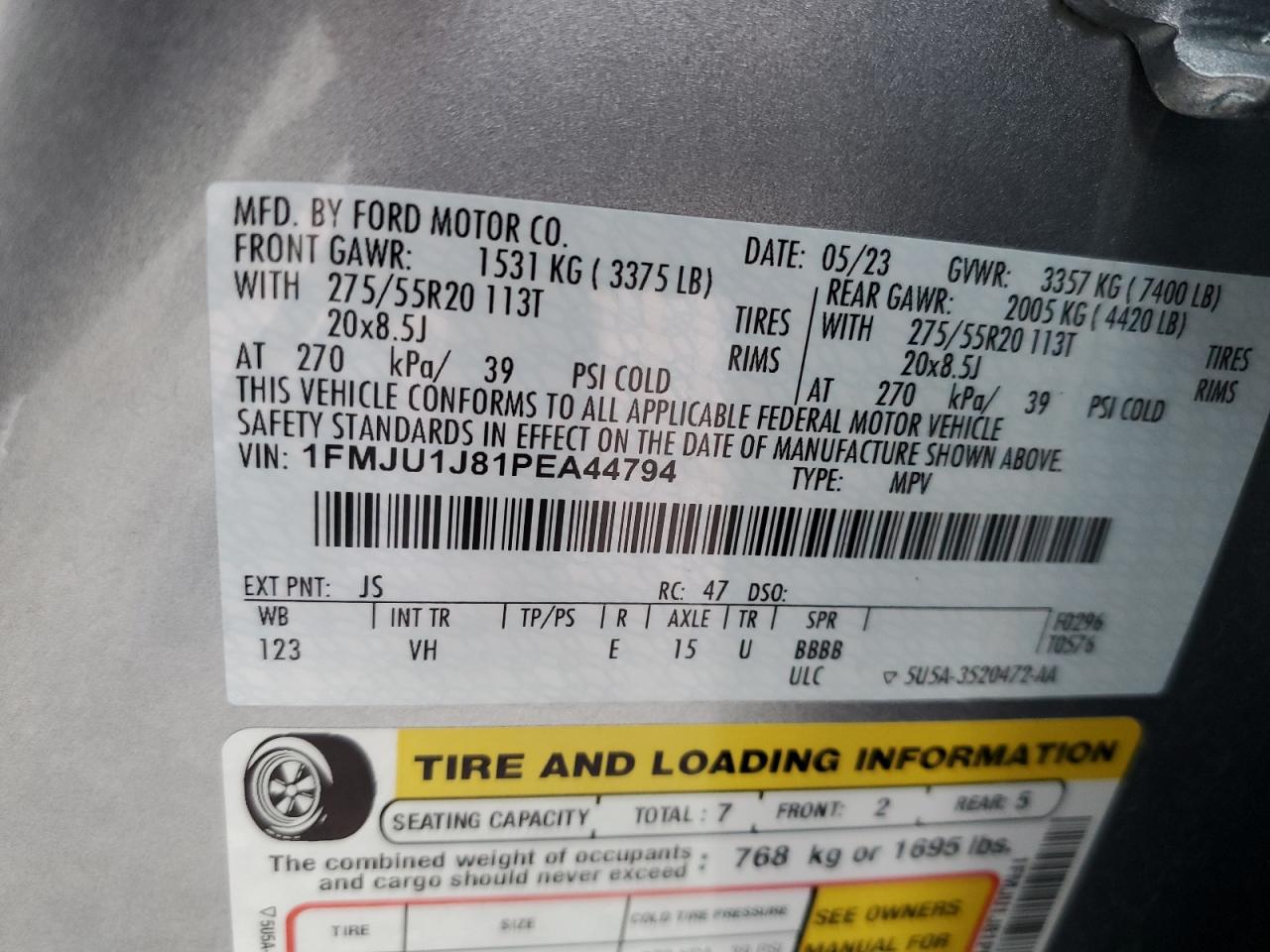 2023 FORD EXPEDITION XLT VIN:1FMJU1J81PEA44794