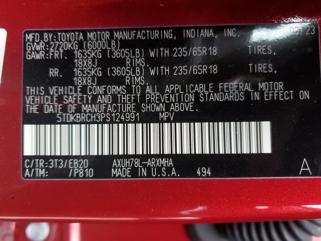 2023 TOYOTA HIGHLANDER HYBRID XLE VIN:5TDKBRCH3PS124991