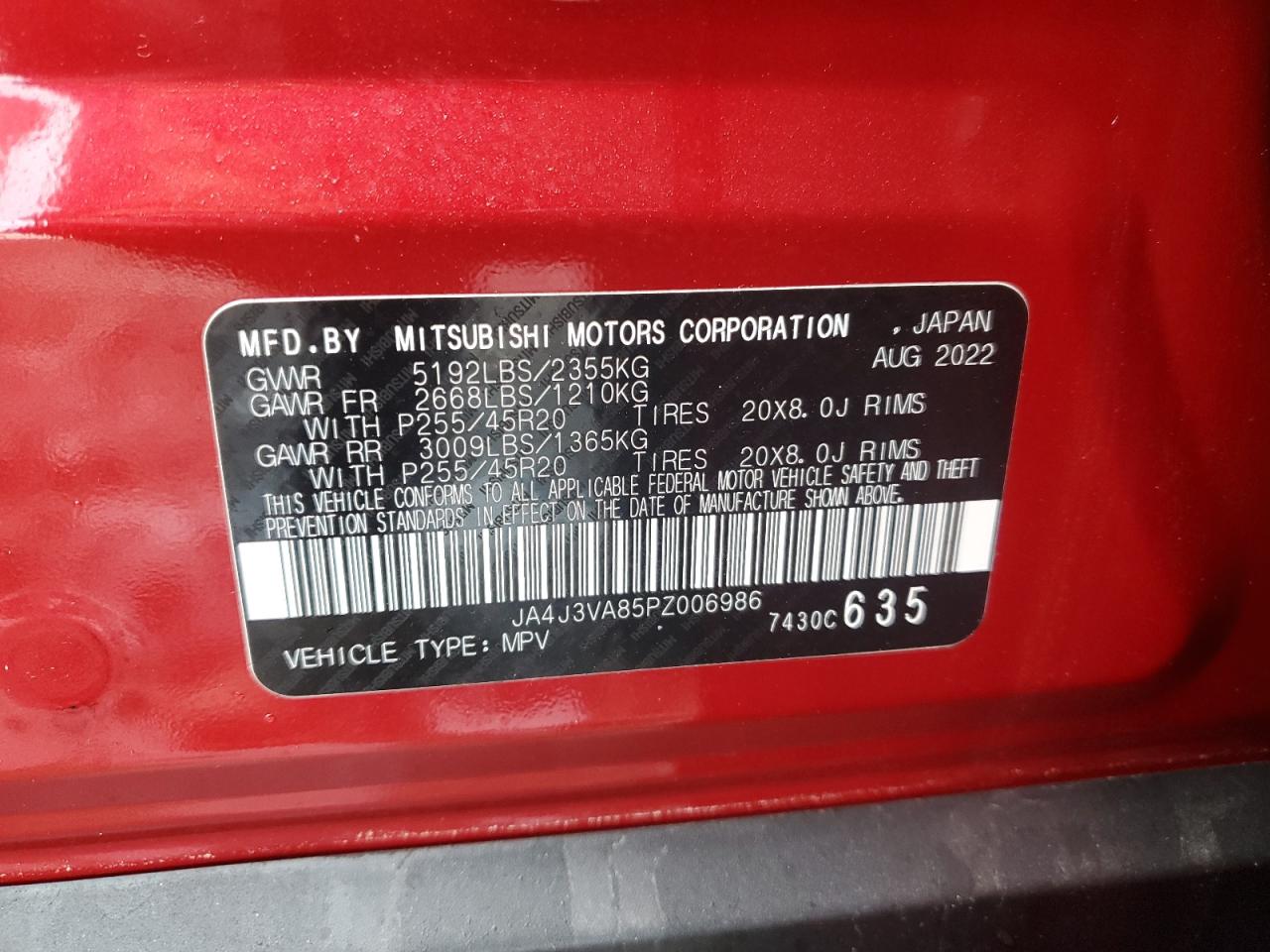 2023 MITSUBISHI OUTLANDER SEL VIN:JA4J3VA85PZ006986