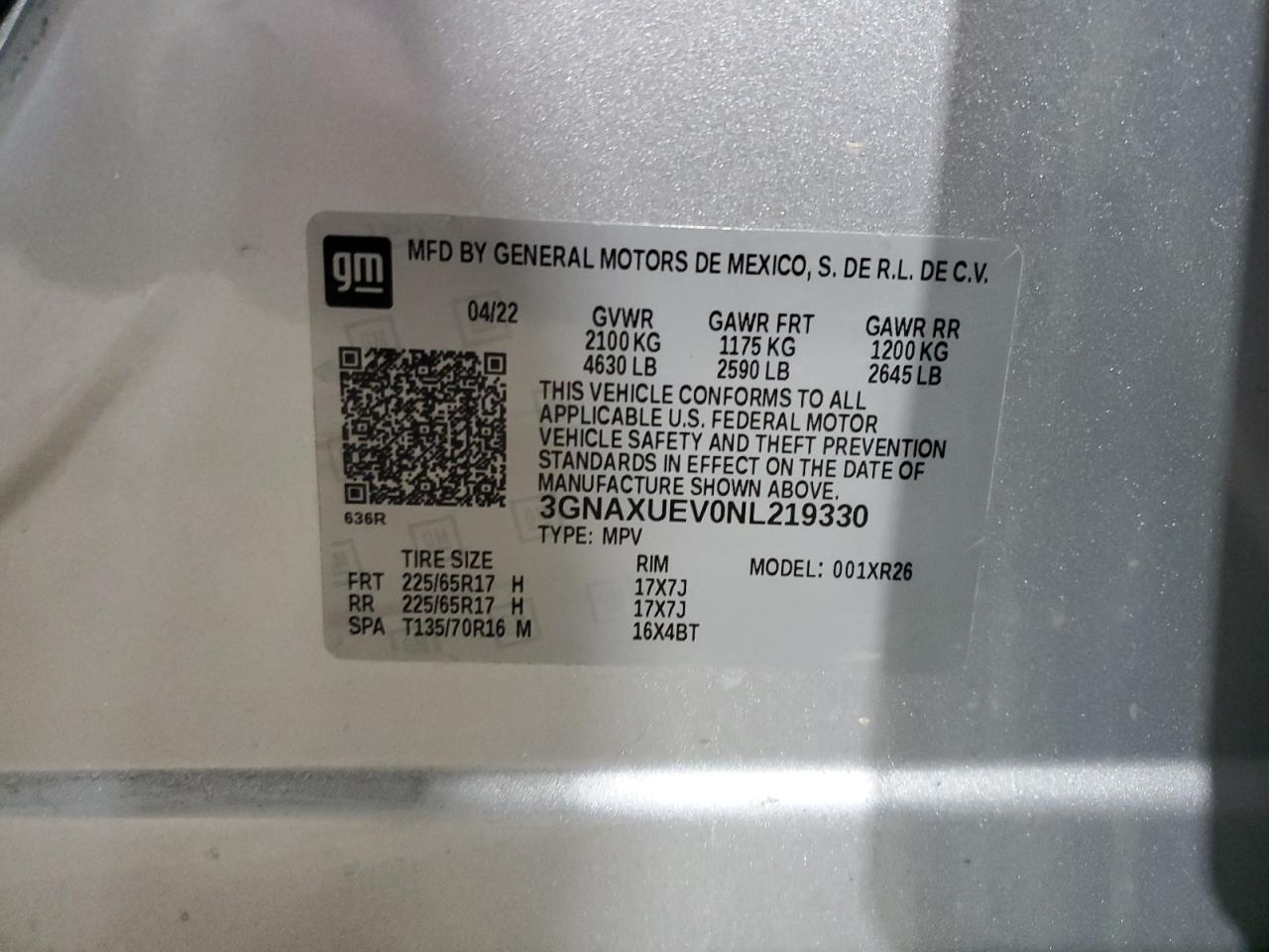 2022 CHEVROLET EQUINOX LT VIN:3GNAXUEV0NL219330