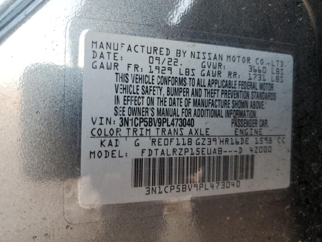 2023 NISSAN KICKS S VIN:3N1CP5BV9PL473040