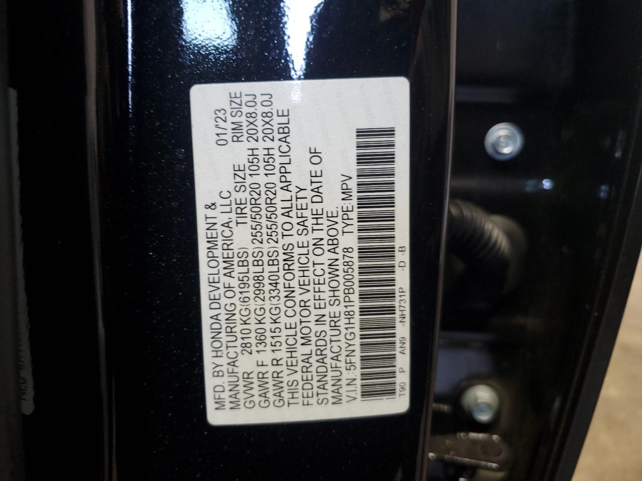 2023 HONDA PILOT ELITE VIN:5FNYG1H81PB005878