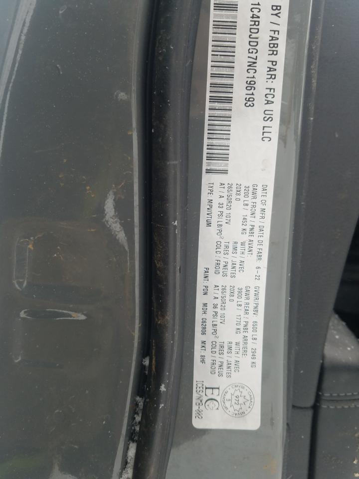 2022 DODGE DURANGO GT VIN:1C4RDJDG7NC196193