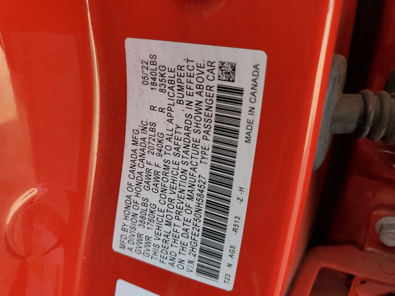 2022 HONDA CIVIC SPORT VIN:2HGFE2F50NH584527