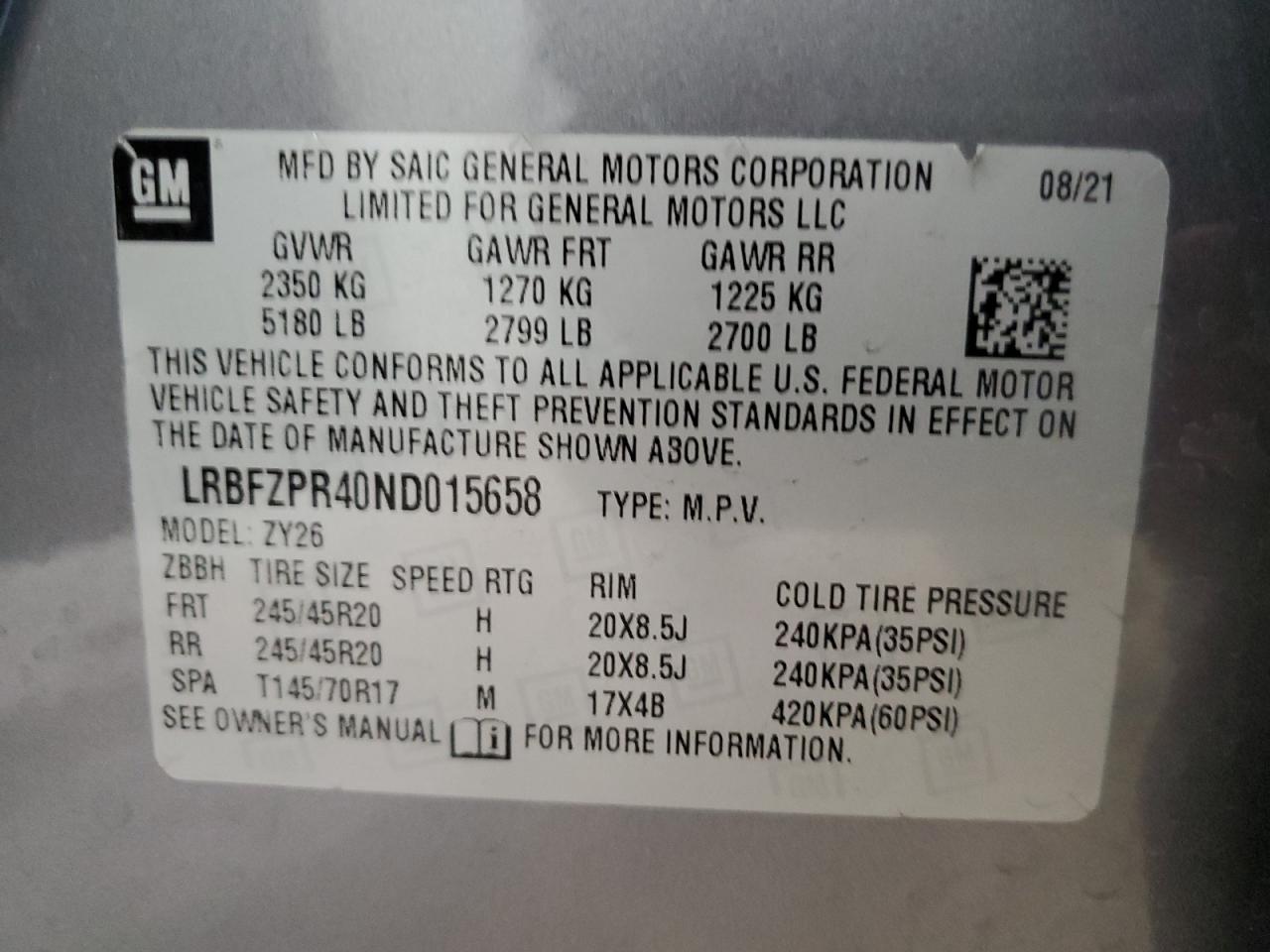 2022 BUICK ENVISION ESSENCE VIN:LRBFZPR40ND015658