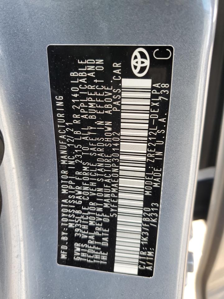 2022 TOYOTA COROLLA LE VIN:5YFEPMAE0NP301402