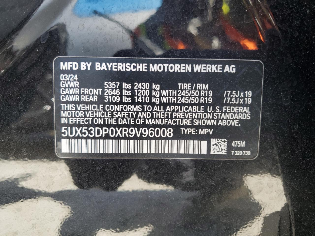 2024 BMW X3 XDRIVE30I VIN:5UX53DP0XR9V96008