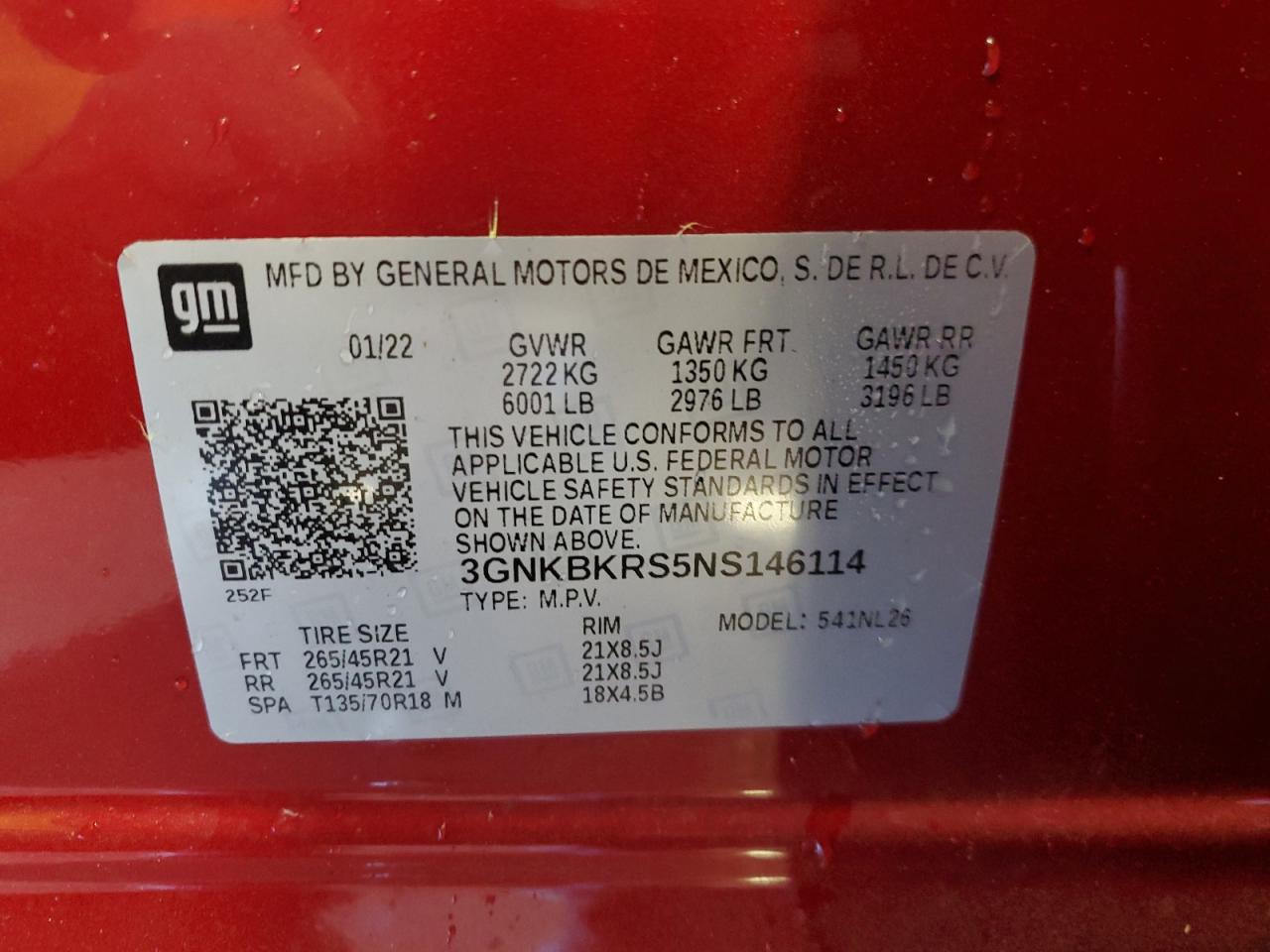 2022 CHEVROLET BLAZER RS VIN:3GNKBKRS5NS146114