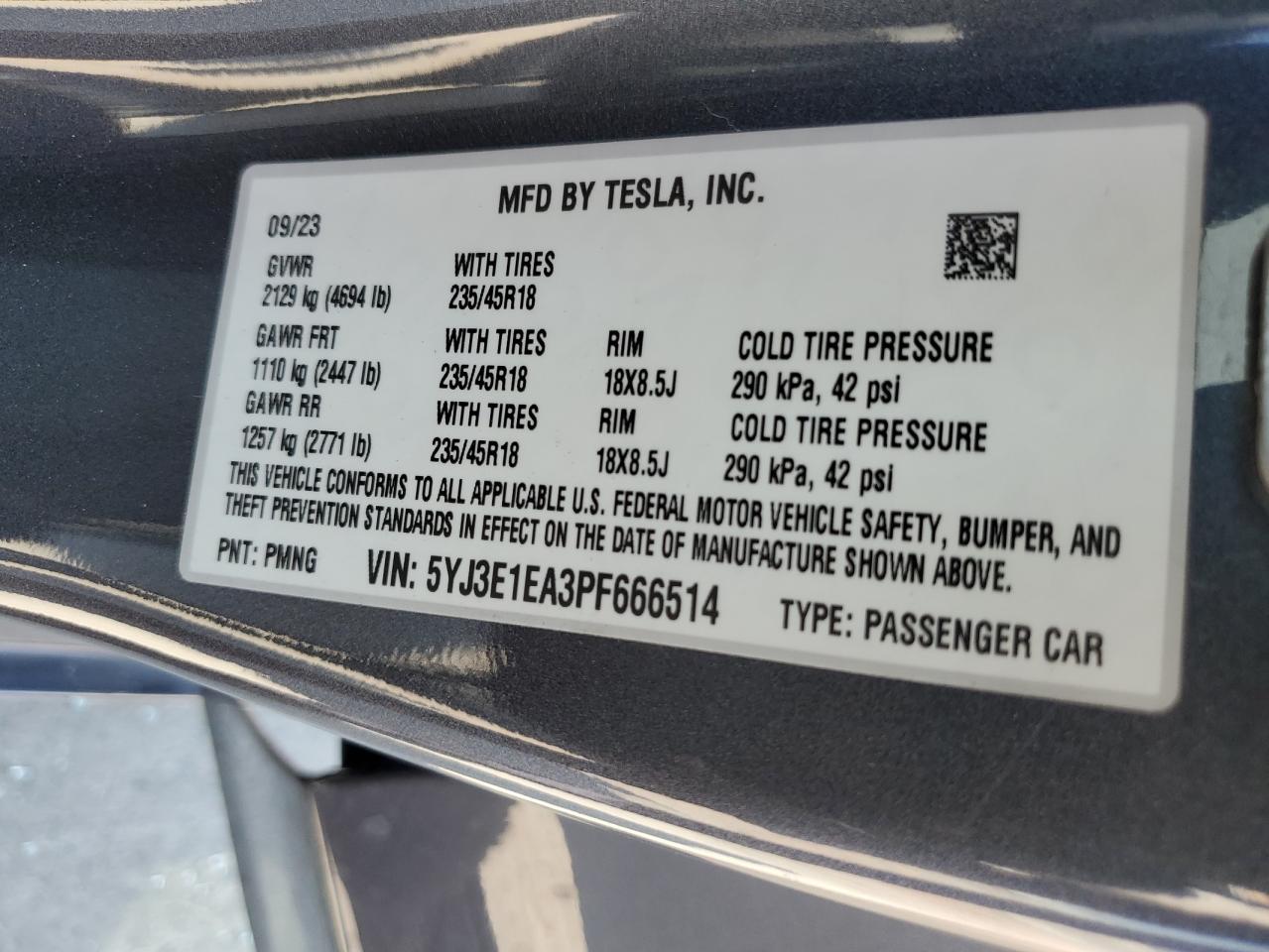 2023 TESLA MODEL 3  VIN:5YJ3E1EA3PF666514