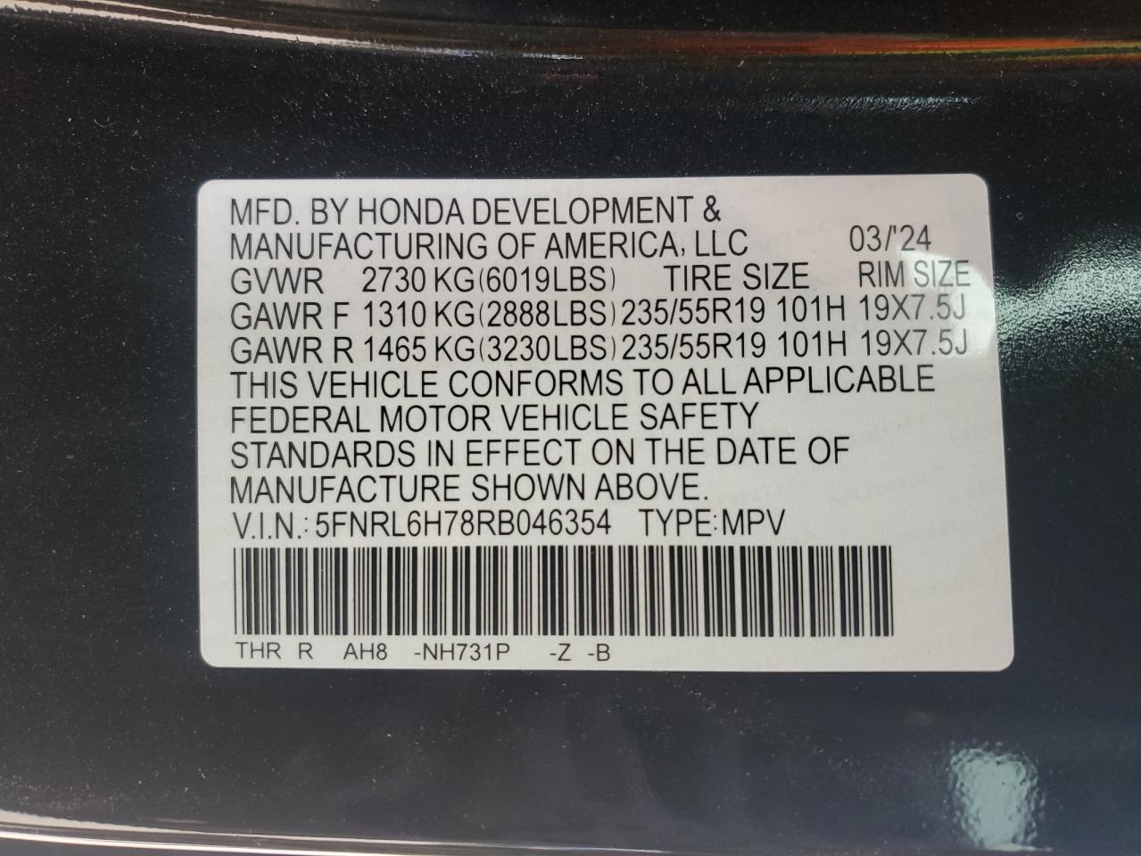 2024 HONDA ODYSSEY SPORT VIN:5FNRL6H78RB046354
