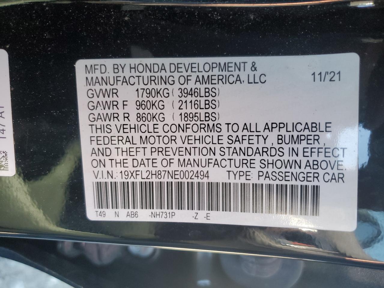 2022 HONDA CIVIC SPORT VIN:19XFL2H87NE002494