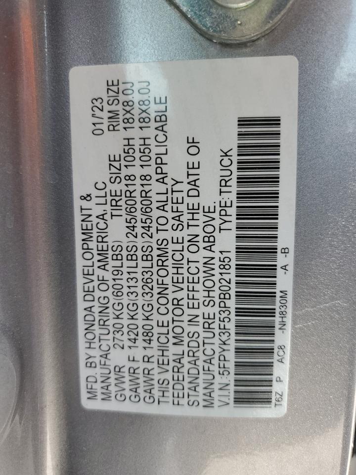 2023 HONDA RIDGELINE RTL VIN:5FPYK3F53PB021851