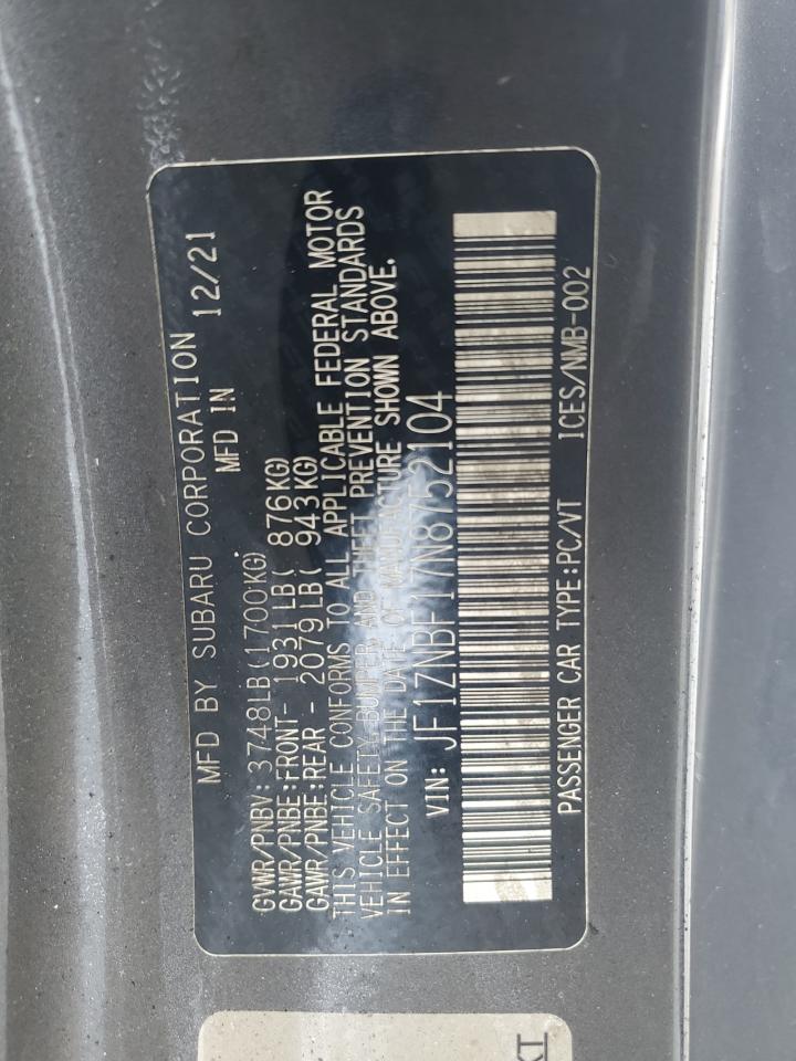 2022 TOYOTA GR 86 PREMIUM VIN:JF1ZNBF17N8752104