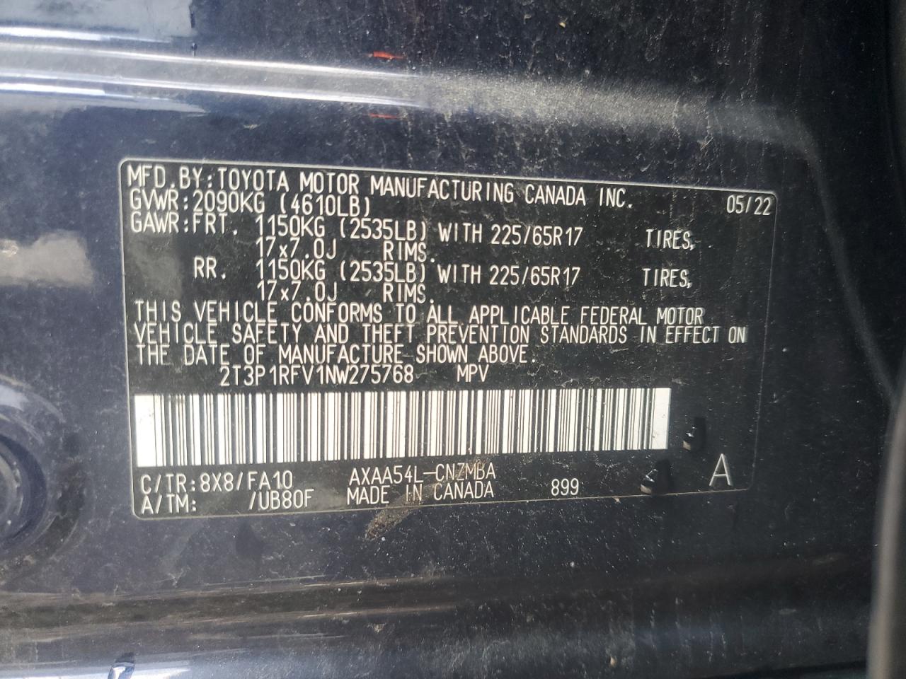 2022 TOYOTA RAV4 XLE VIN:2T3P1RFV1NW275768