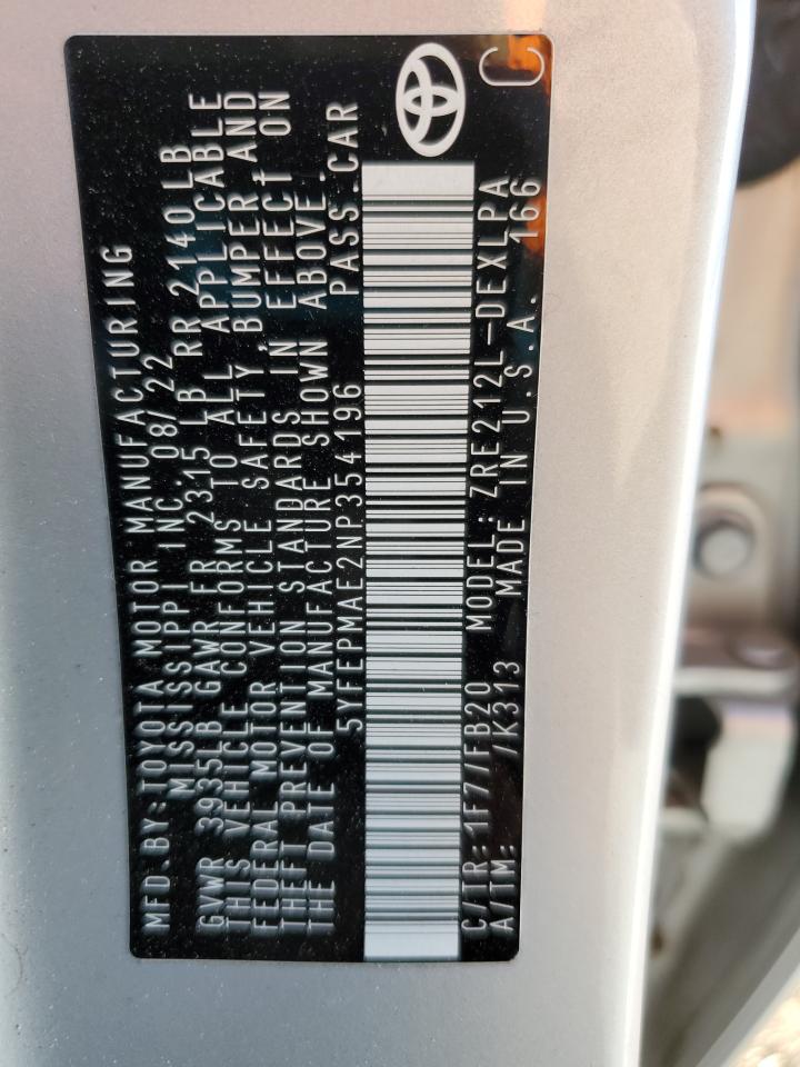2022 TOYOTA COROLLA LE VIN:5YFEPMAE2NP354196