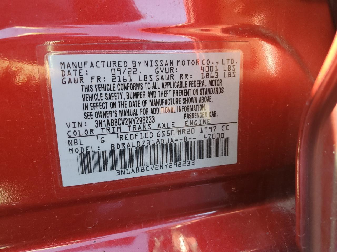 2022 NISSAN SENTRA SV VIN:3N1AB8CV2NY298233