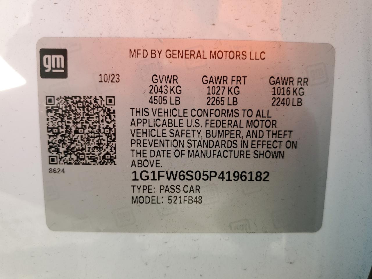 2023 CHEVROLET BOLT EV 1LT VIN:1G1FW6S05P4196182