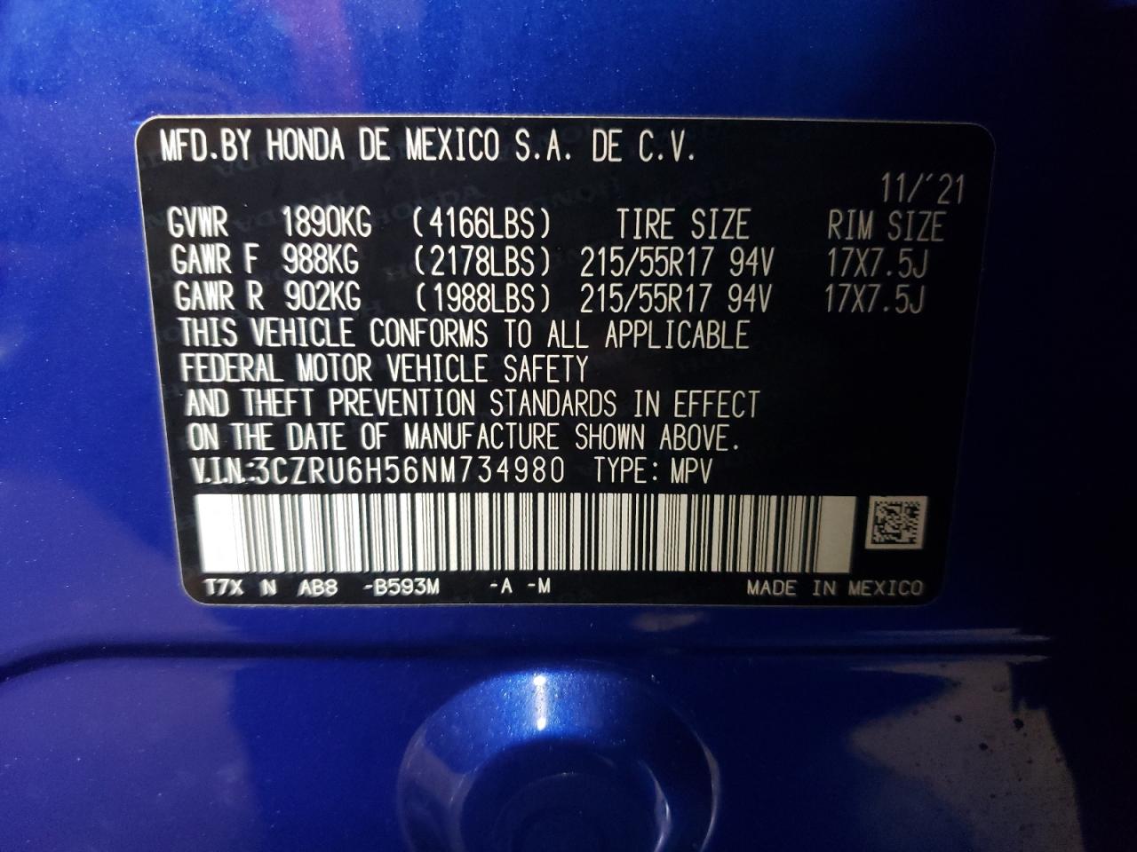 2022 HONDA HR-V EX VIN:3CZRU6H56NM734980