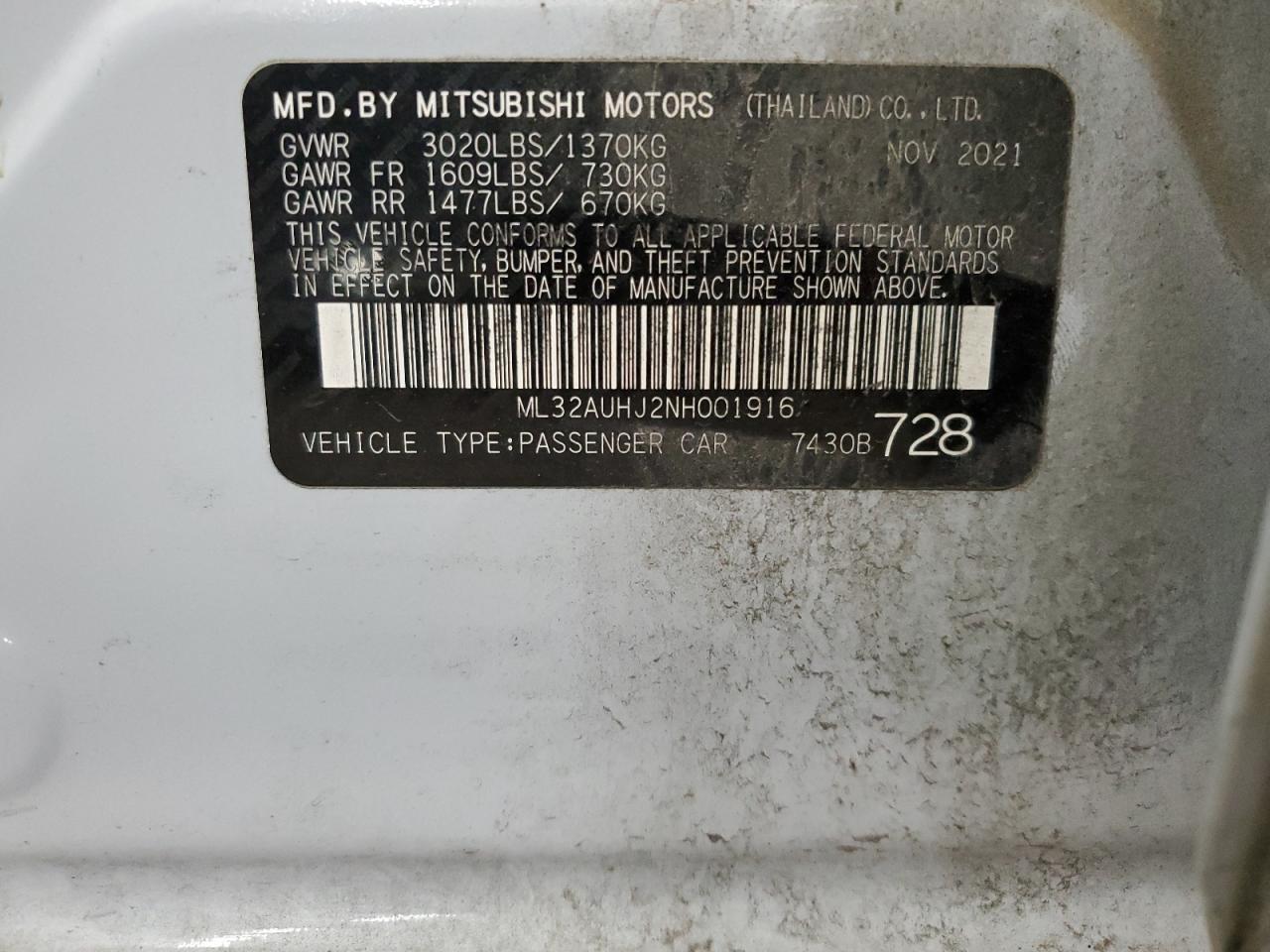 2022 MITSUBISHI MIRAGE ES VIN:ML32AUHJ2NH001916