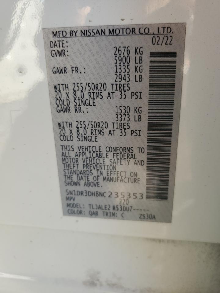 2022 NISSAN PATHFINDER PLATINUM VIN:5N1DR3DH8NC235353