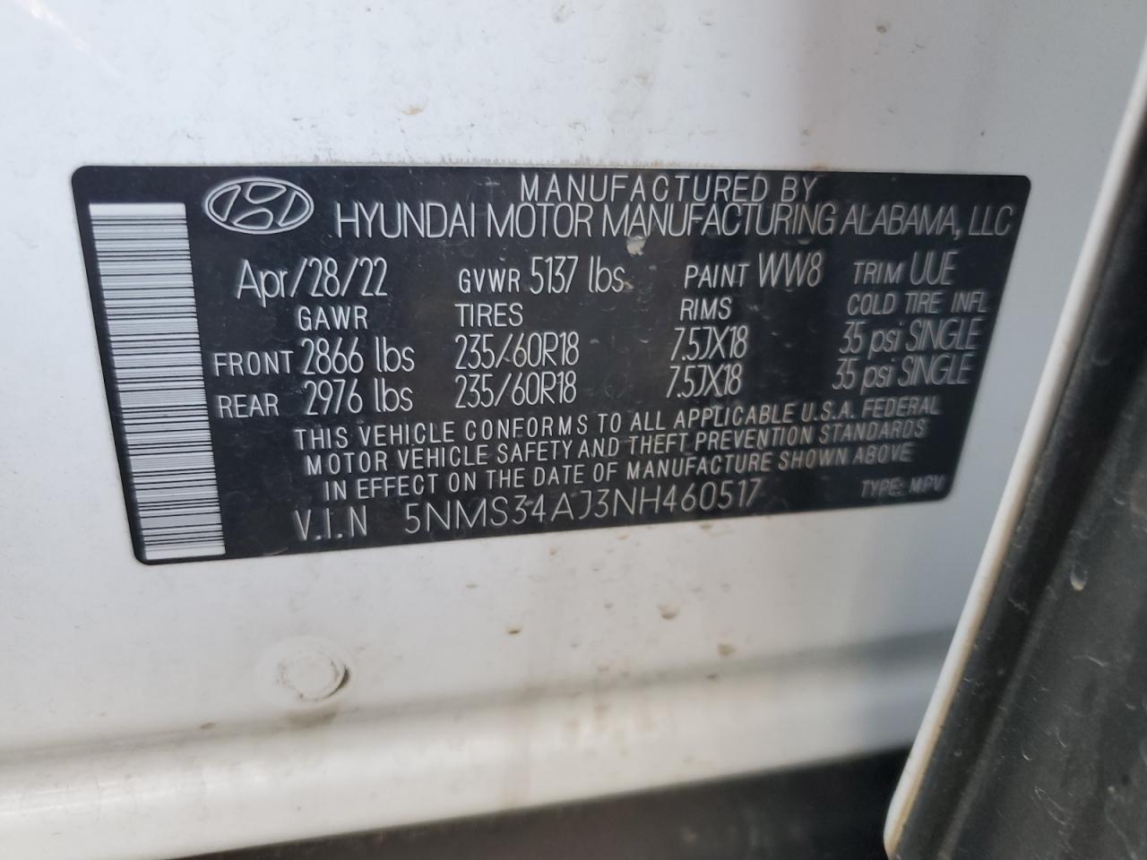 2022 HYUNDAI SANTA FE SEL VIN:5NMS34AJ3NH460517
