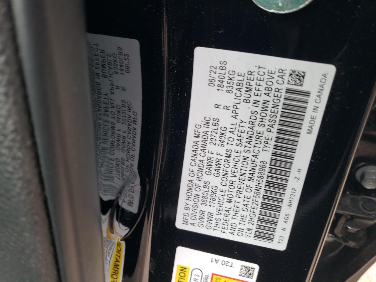 2022 HONDA CIVIC SPORT VIN:2HGFE2F56NH588968
