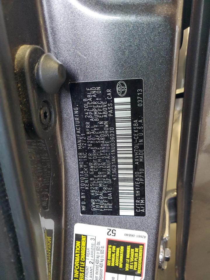 2022 TOYOTA CAMRY NIGHT SHADE VIN:4T1G31AK1NU036030