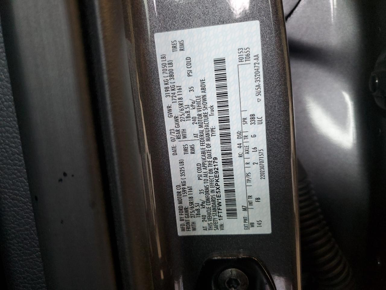 2023 FORD F150 SUPERCREW VIN:1FTFW1E5XPKE92179