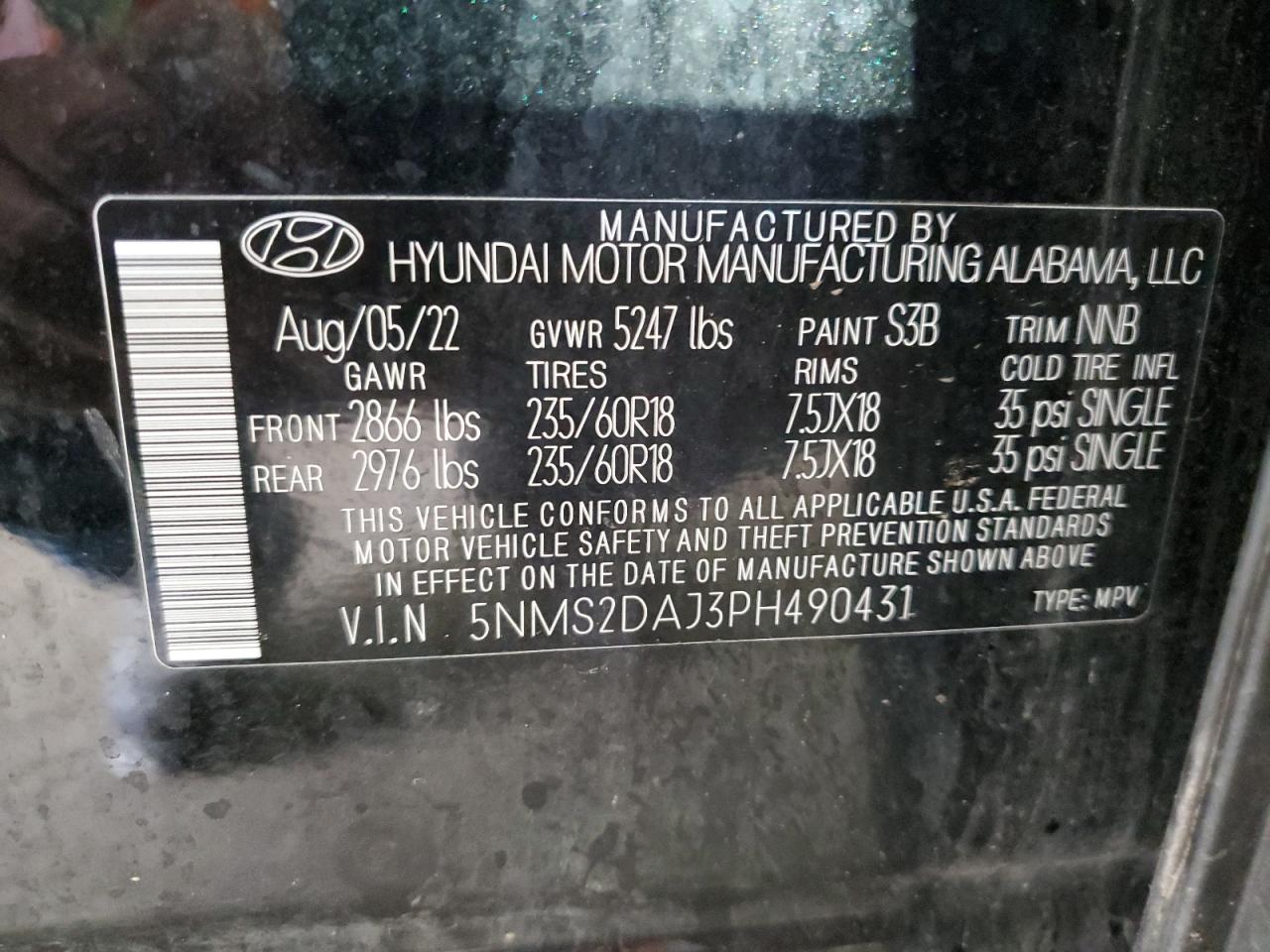 2023 HYUNDAI SANTA FE SEL VIN:5NMS2DAJ3PH490431