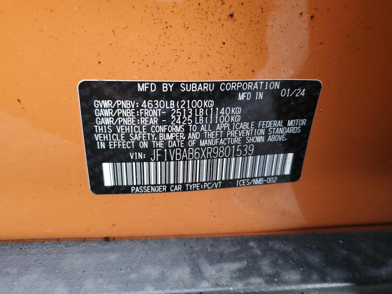 2024 SUBARU WRX  VIN:JF1VBAB6XR9801539