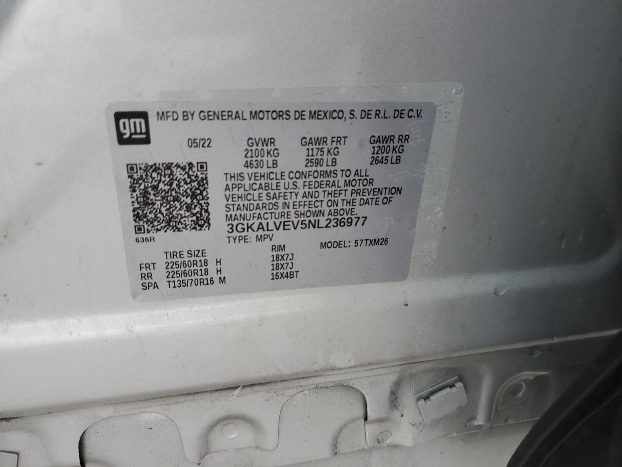 2022 GMC TERRAIN SLT VIN:3GKALVEV5NL236977