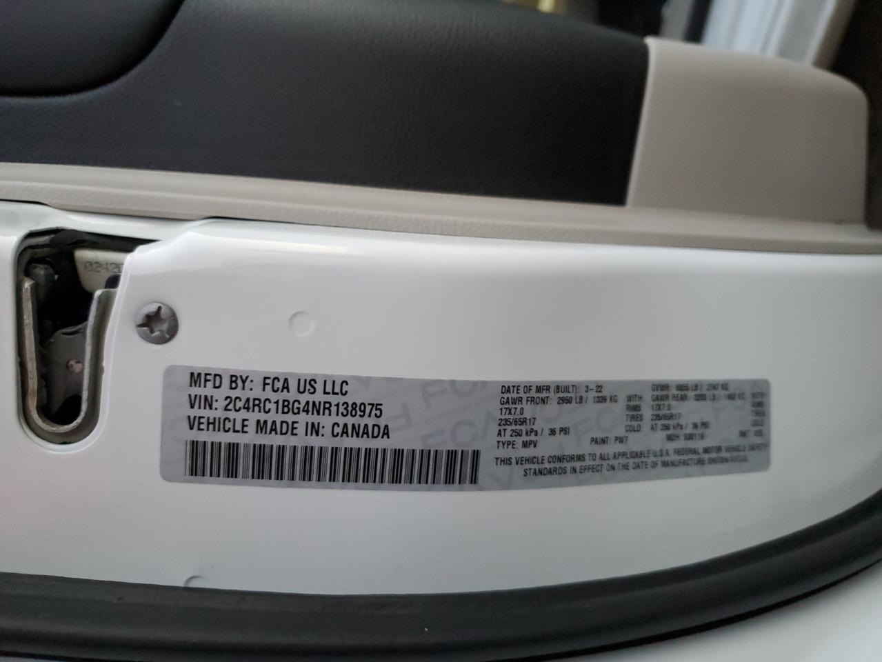 2022 CHRYSLER PACIFICA TOURING L VIN:2C4RC1BG4NR138975