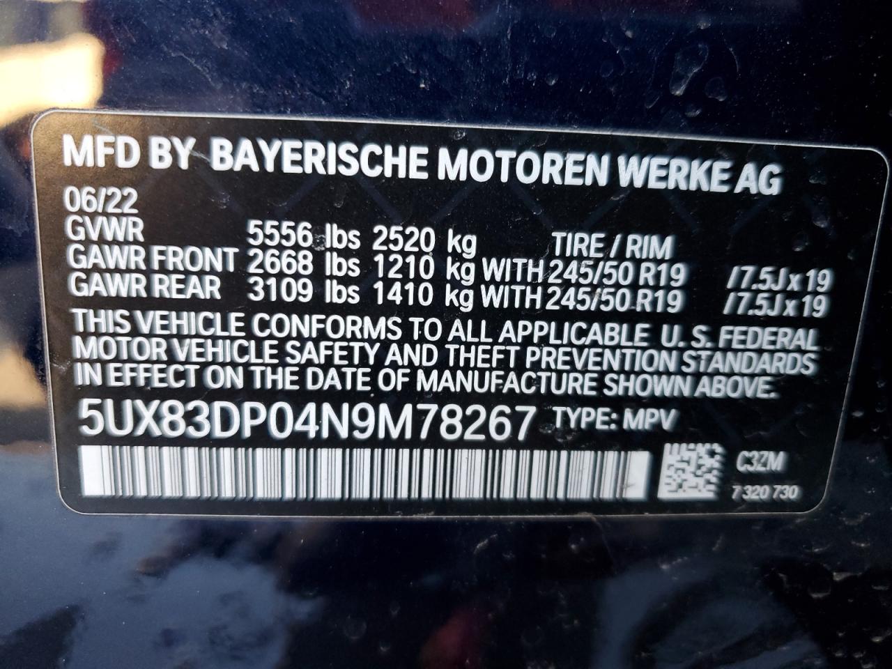 2022 BMW X3 M40I VIN:5UX83DP04N9M78267