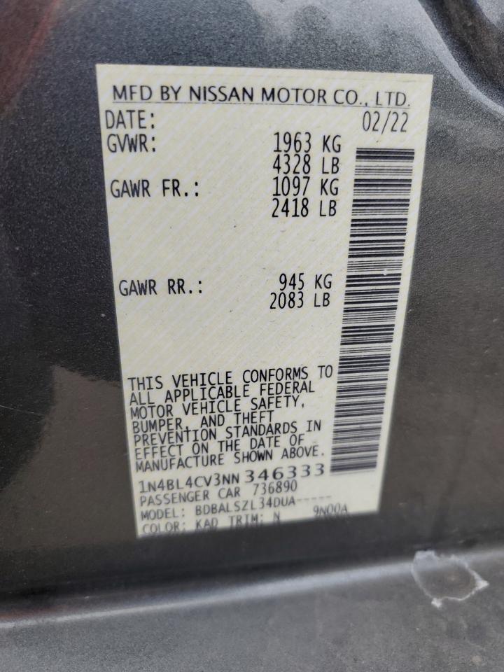 2022 NISSAN ALTIMA SR VIN:1N4BL4CV3NN346333