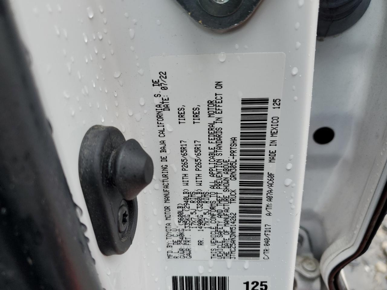 2022 TOYOTA TACOMA DOUBLE CAB VIN:3TMCZ5AN3NM514262