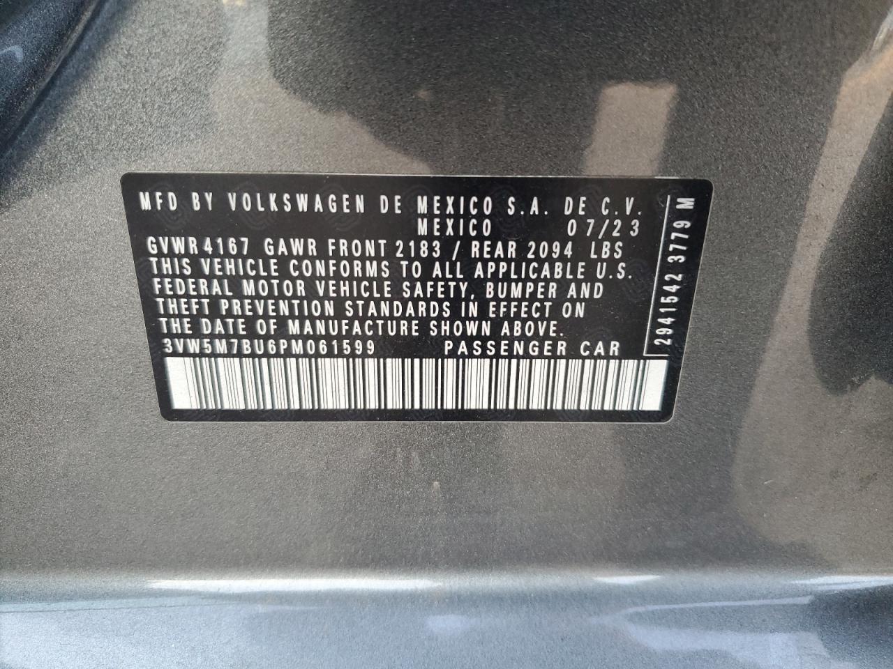 2023 VOLKSWAGEN JETTA S VIN:3VW5M7BU6PM061599