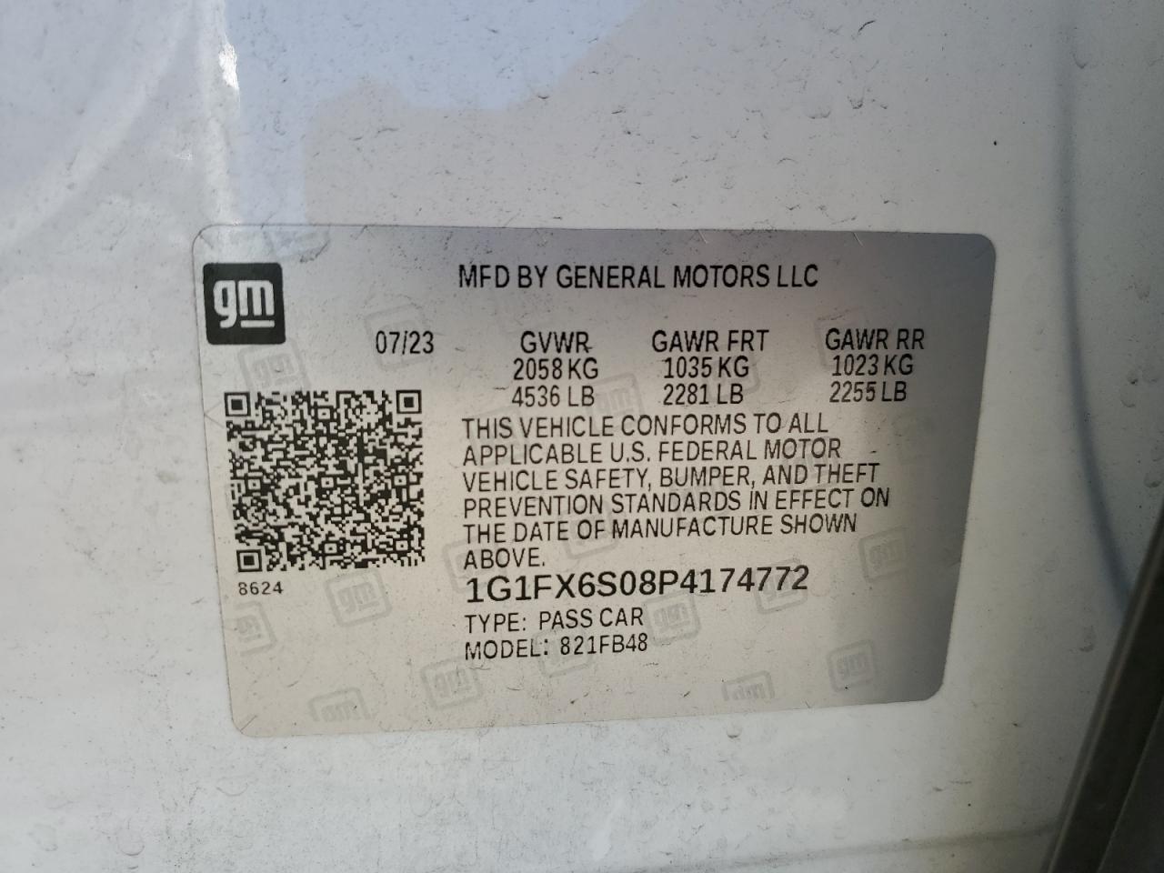 2023 CHEVROLET BOLT EV 2LT VIN:1G1FX6S08P4174772